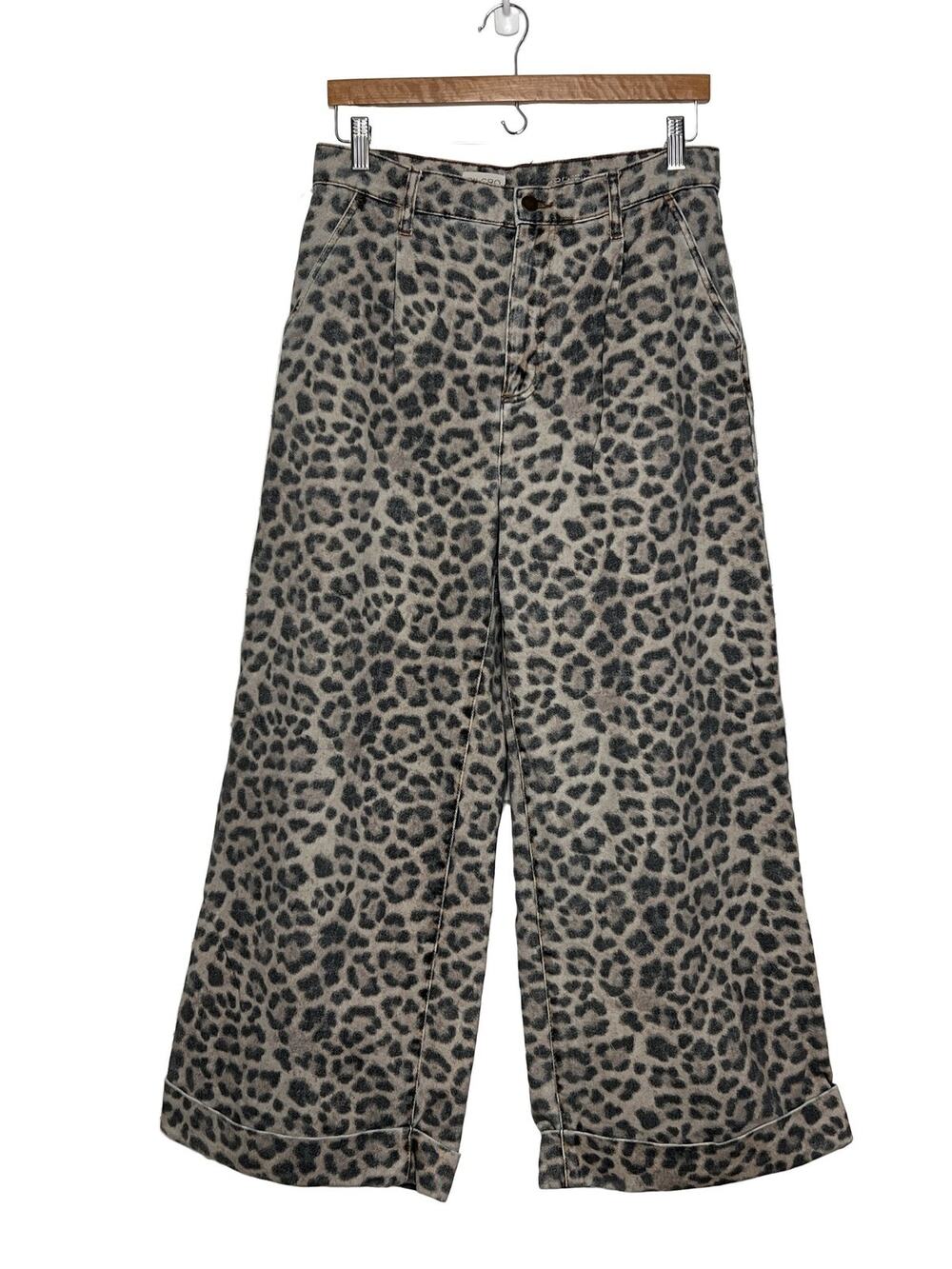 Pilcro Leopard Animal Print Wide Leg Pants Size 28 Petite High-Rise Cuffed Hem